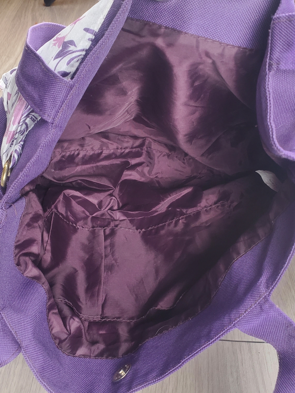 Purple Canvas Tote Bag Floral Scarf Accent Shoulder Bag Large Everyday Purse - Picture 8 of 8